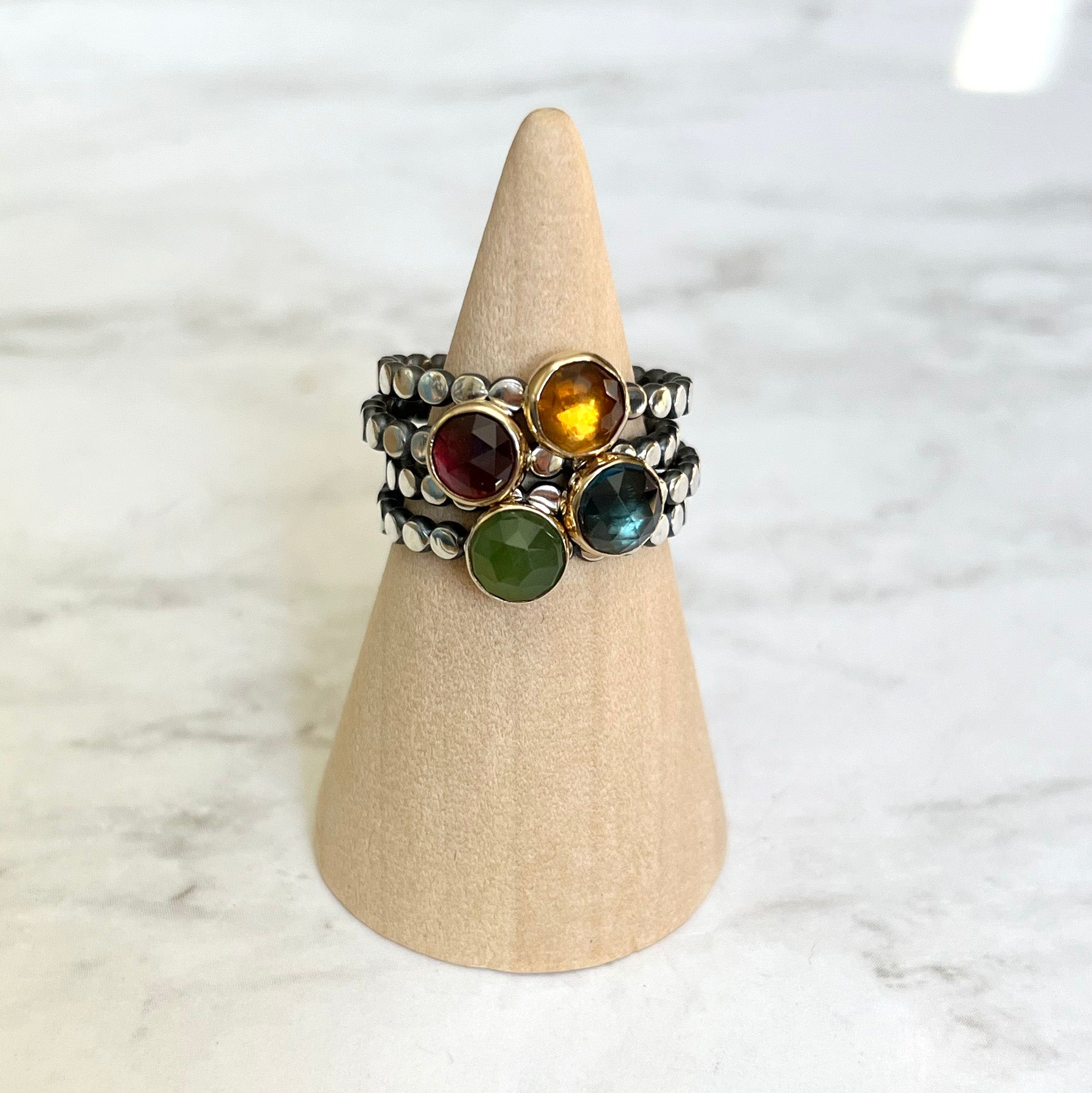 Gem ring - Rose Cut 6mm Gemstones in 14k Yellow Gold Bezel on Oxidized and Highlighted Sterling Silver Beaded Band.