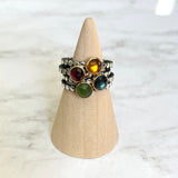 Gem ring - Rose Cut 6mm Gemstones in 14k Yellow Gold Bezel on Oxidized and Highlighted Sterling Silver Beaded Band.