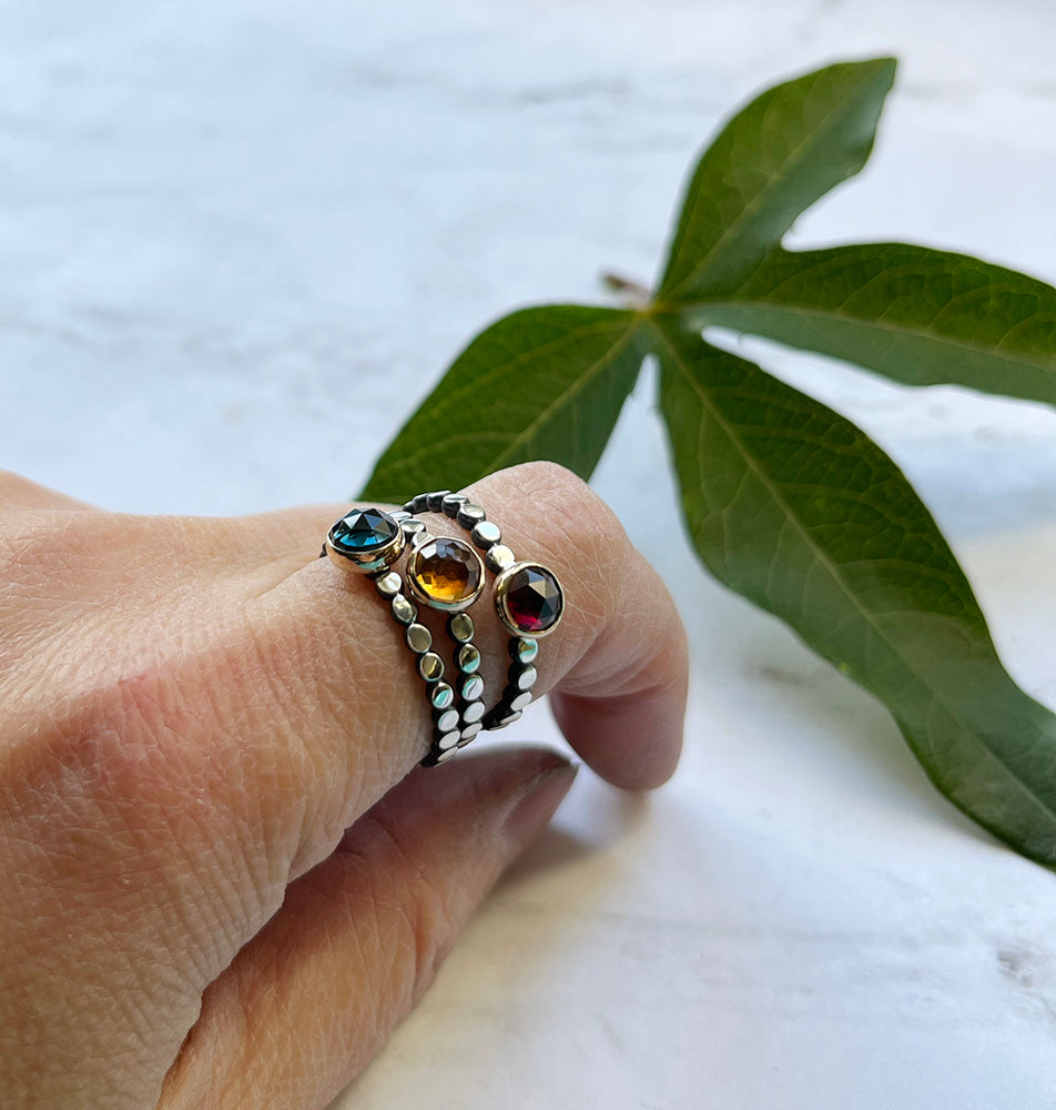 Gem ring - Rose Cut 6mm Gemstones in 14k Yellow Gold Bezel on Oxidized and Highlighted Sterling Silver Beaded Band.
