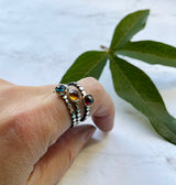 Gem ring - Rose Cut 6mm Gemstones in 14k Yellow Gold Bezel on Oxidized and Highlighted Sterling Silver Beaded Band.