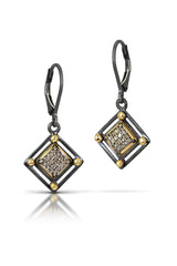 Pavé Diamond Earrings - Silver/14k Gold Dangles - Pavé Diamond Charm is Set into 14k Gold bezel, with Art Deco Motif with 14k Gold accent, on Leverback Earlier.