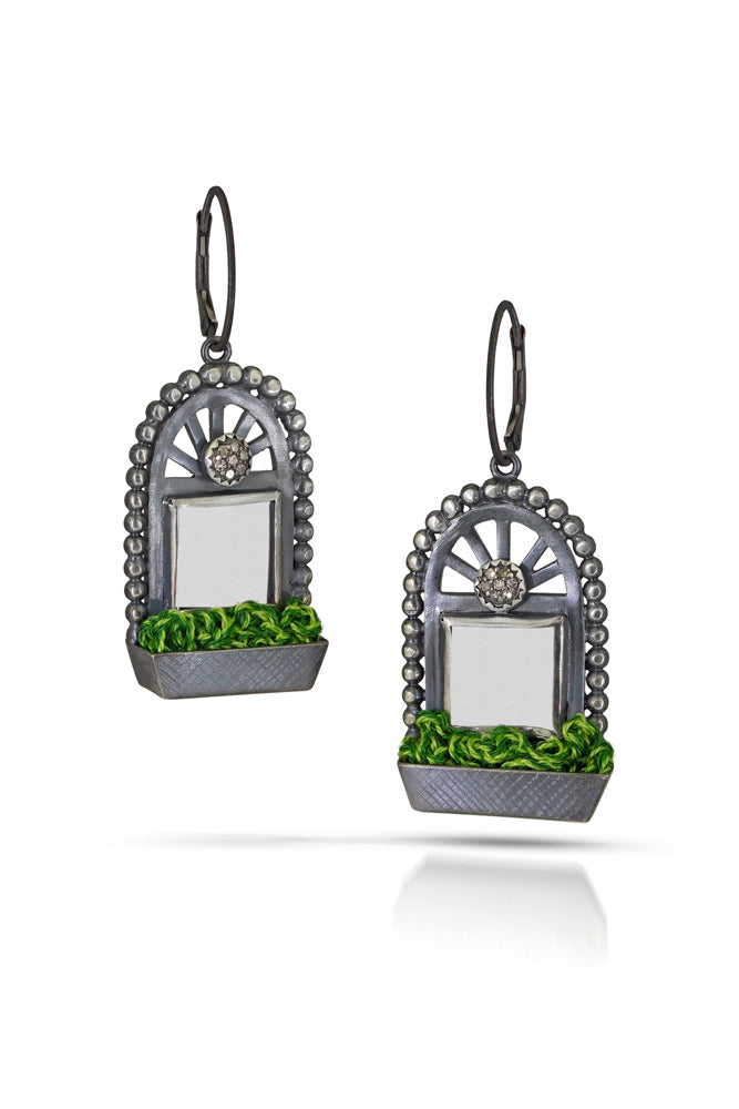 Window Earrings - One Of A Kind Oxidized Sterling Silver with Crystal Quartz Panels. A Conversation Starter!