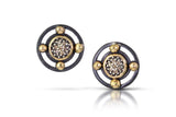 Pavé Diamond Earrings - Stud, Silver/14k Gold - Pavé Diamond Charms are Set into 14K Gold Bezel and Framed with Oxidized Sterling Silver with 14K Gold Accents.