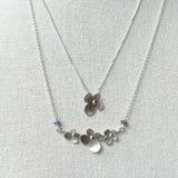 Hydrangea Necklace with Tanzanite, The Trio Of Hydrangea Petals in Satin Silver with Tanzanite Blue Purple Accent. Elegant and Super Lightweight.