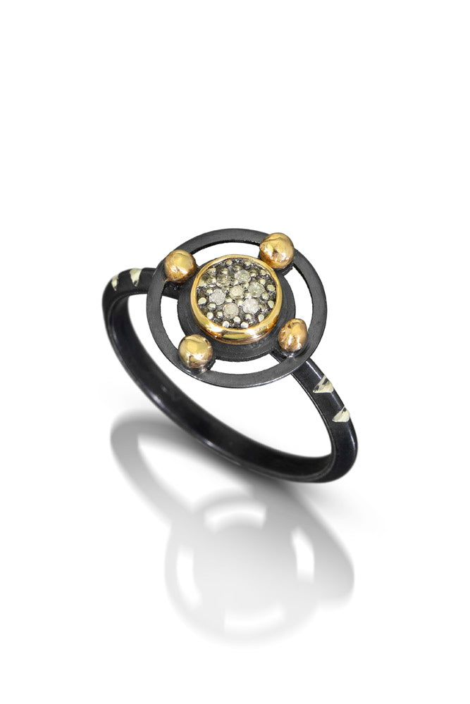 6mm Pave diamond is set into 14k gold bezel, set on top of circular motif with 14k gold dots for accent. Photo Credit: Cole Rodger Photography.