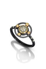6mm Pave diamond is set into 14k gold bezel, set on top of circular motif with 14k gold dots for accent. Photo Credit: Cole Rodger Photography.