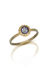 6mm Pavé diamond charm is set into 14k solid yellow gold bezel with decorative beaded edging, and on 14k solid yellow gold flat ring shank, for any special occasions, such as birthday, wedding, engagement, and anniversary.
