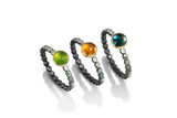 Gem ring - Rose Cut 6mm Gemstones in 14k Yellow Gold Bezel on Oxidized and Highlighted Sterling Silver Beaded Band.