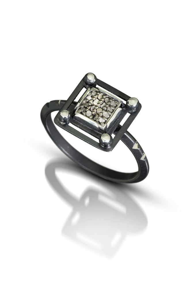 Pavé Diamond Ring, Square, 6mm Square Pavé Diamond, Oxidized Sterling Silver Triangle Band.