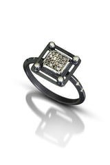 Pavé Diamond Ring, Square, 6mm Square Pavé Diamond, Oxidized Sterling Silver Triangle Band.