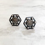 Pavé Diamond Earrings - Stud/Post - Pavé Diamond Charm is Set into Oxidized Sterling Silver Art Deco Themed Frame.