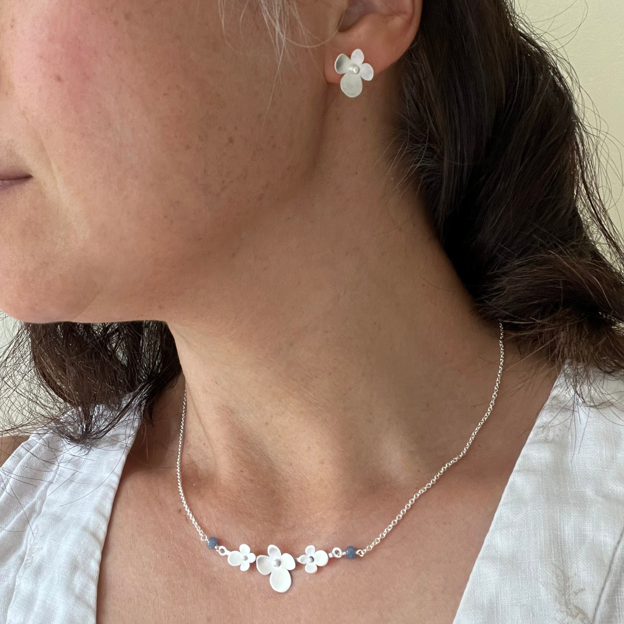 Hydrangea Necklace with Tanzanite, The Trio Of Hydrangea Petals in Satin Silver with Tanzanite Blue Purple Accent. Elegant and Super Lightweight.
