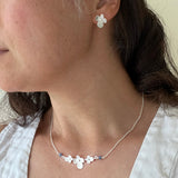 Hydrangea Necklace with Tanzanite, The Trio Of Hydrangea Petals in Satin Silver with Tanzanite Blue Purple Accent. Elegant and Super Lightweight.