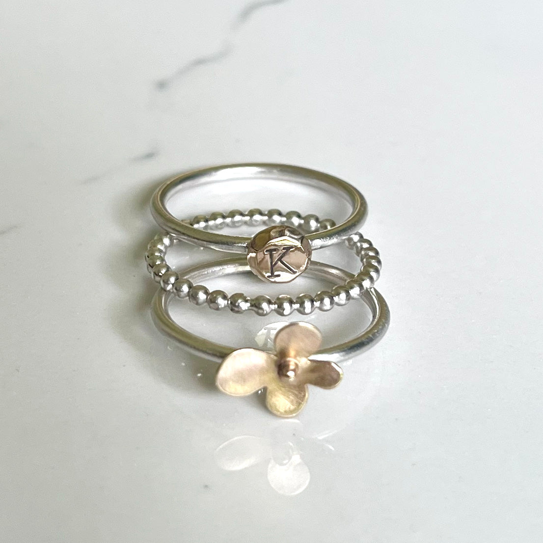 Initial/Petal Ring set of Three, Silver/Gold, Satin Sterling Silver with 14k Gold Flower and Initial Coin, for daily use.