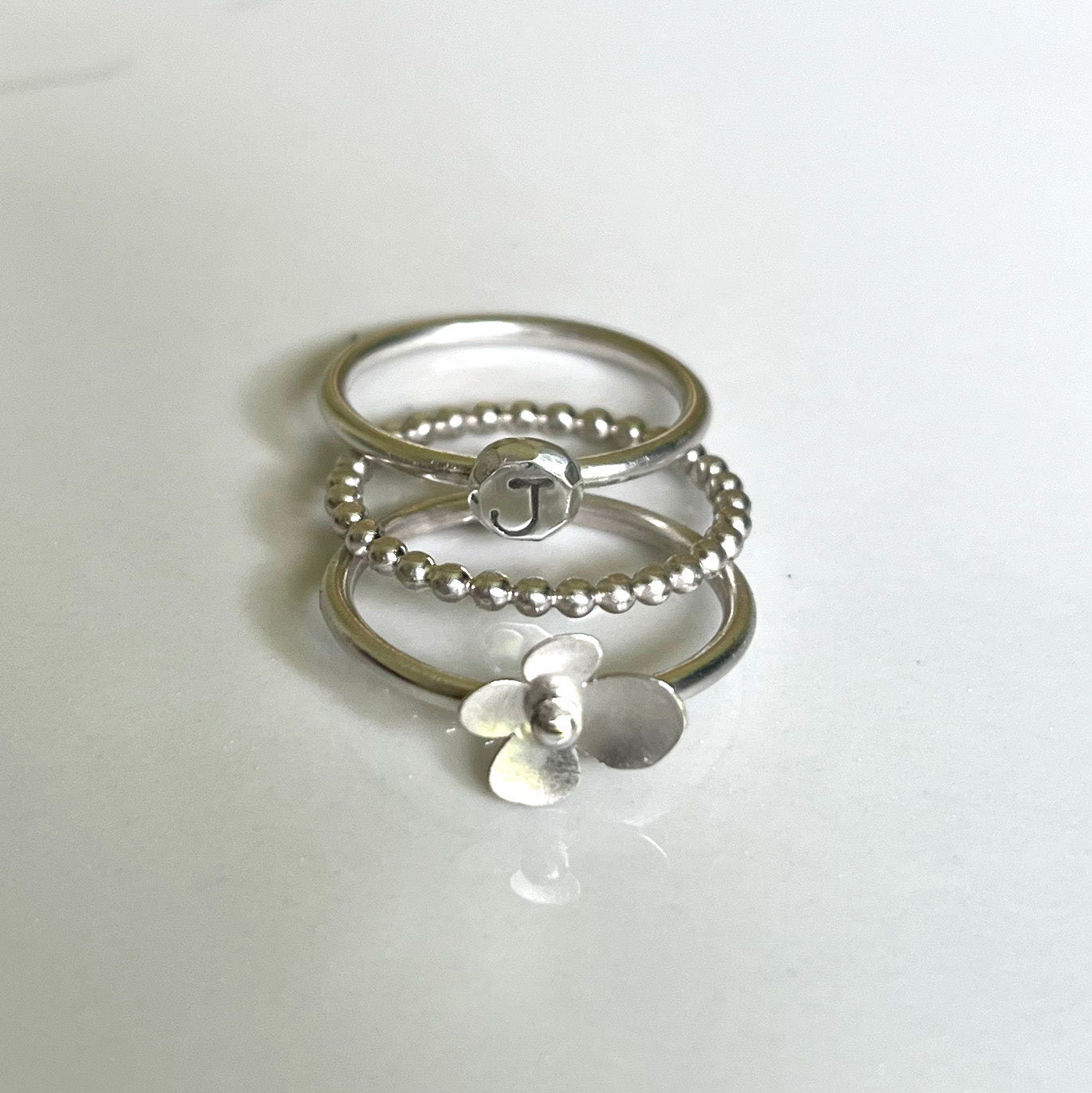 Initial/Petal Ring set of Three, Satin Sterling Silver with Highlights, Whimsical and Fun Personalized Stacking Set for Any Occasions.