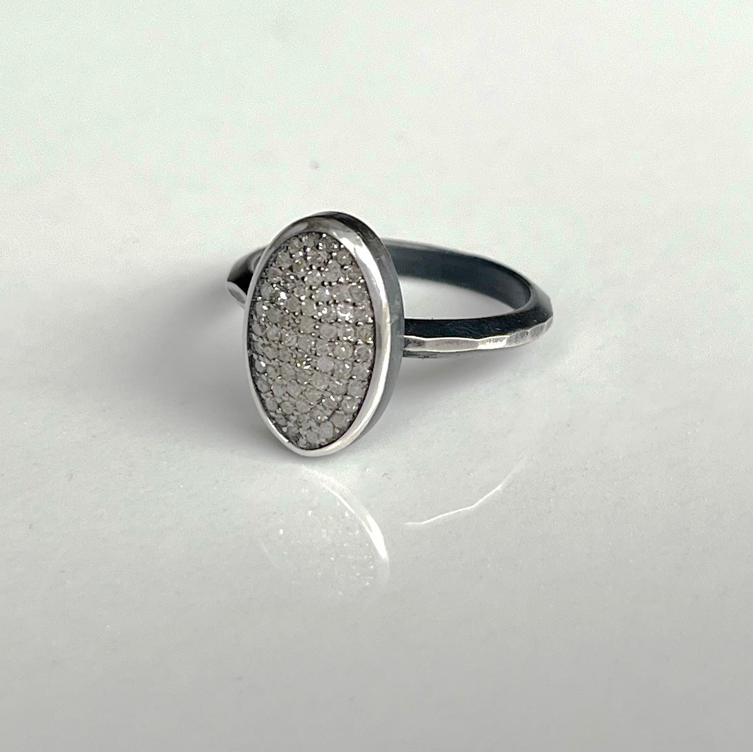 Pavé Diamond Ring, Oval Pavé Diamond, Heavy Hammered Oxidized Sterling Silver Band.