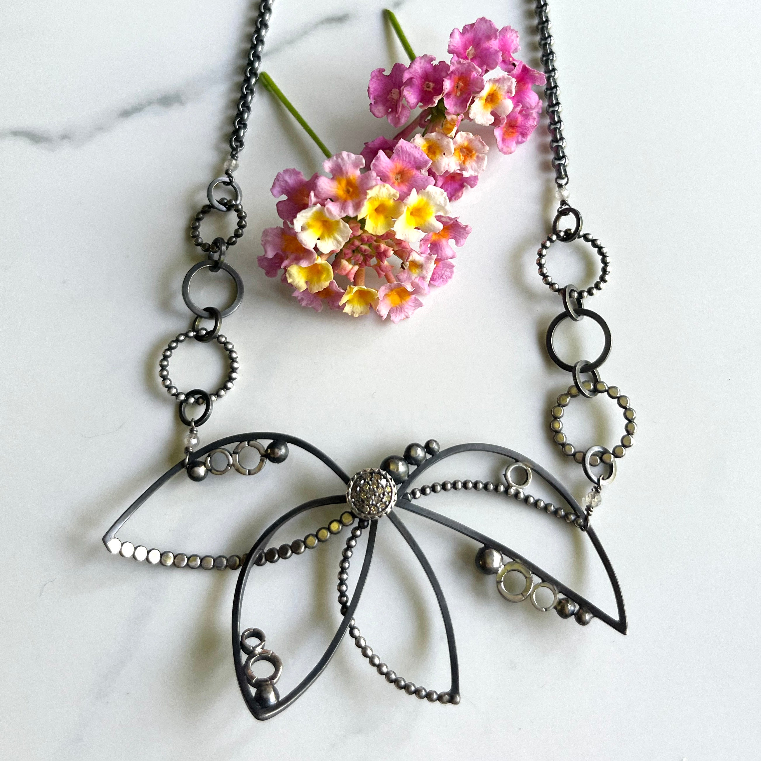 Pave Diamond Necklace - Lotus Flower Motif, 10mm Pavé Diamond with Oxidized Sterling Silver Asymmetrical Design for Special Occasion.