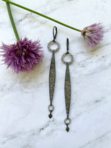 Pavé Diamond Earrings - Long Dangles - Pavé Diamond Charm set into Oxidized Sterling Silver, One of a Kind Vintage Inspired Designs