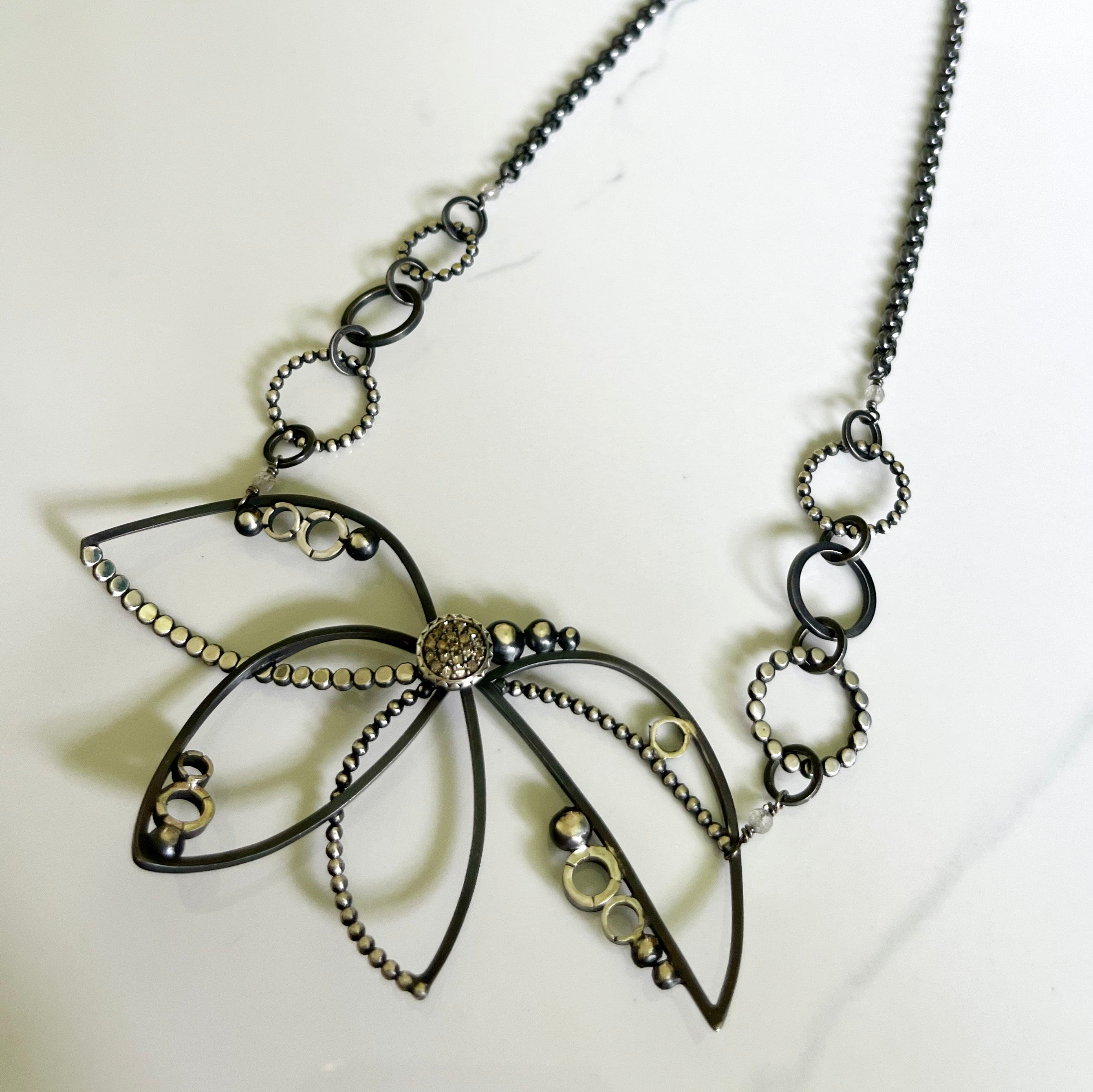Pave Diamond Necklace - Lotus Flower Motif, 10mm Pavé Diamond with Oxidized Sterling Silver Asymmetrical Design for Special Occasion.