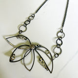Pave Diamond Necklace - Lotus Flower Motif, 10mm Pavé Diamond with Oxidized Sterling Silver Asymmetrical Design for Special Occasion.