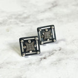 Pavé Diamond Earrings - Stud/Post - Pavé Diamond Charm is Set into Oxidized Sterling Silver Art Deco Themed Frame.