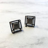 Pavé Diamond Earrings - Stud/Post - Pavé Diamond Charm is Set into Oxidized Sterling Silver Art Deco Themed Frame.