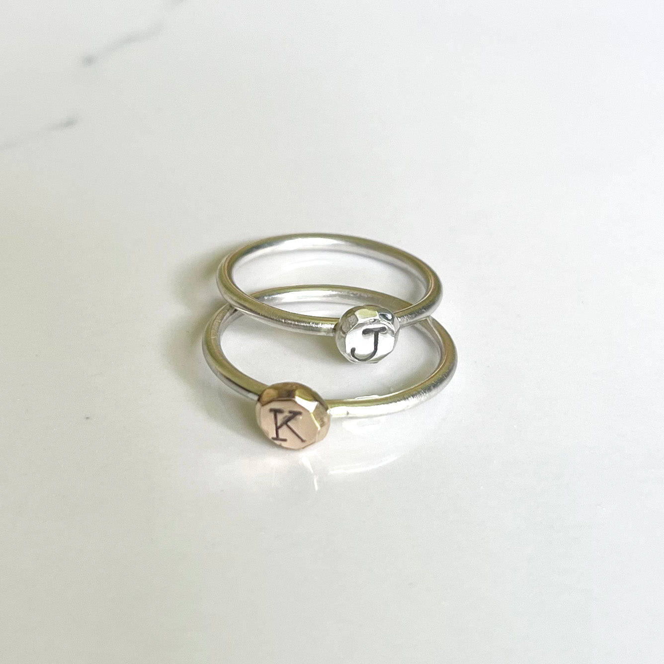 Initial/Petal Ring set of Three, Silver/Gold, Satin Sterling Silver with 14k Gold Flower and Initial Coin, for daily use.
