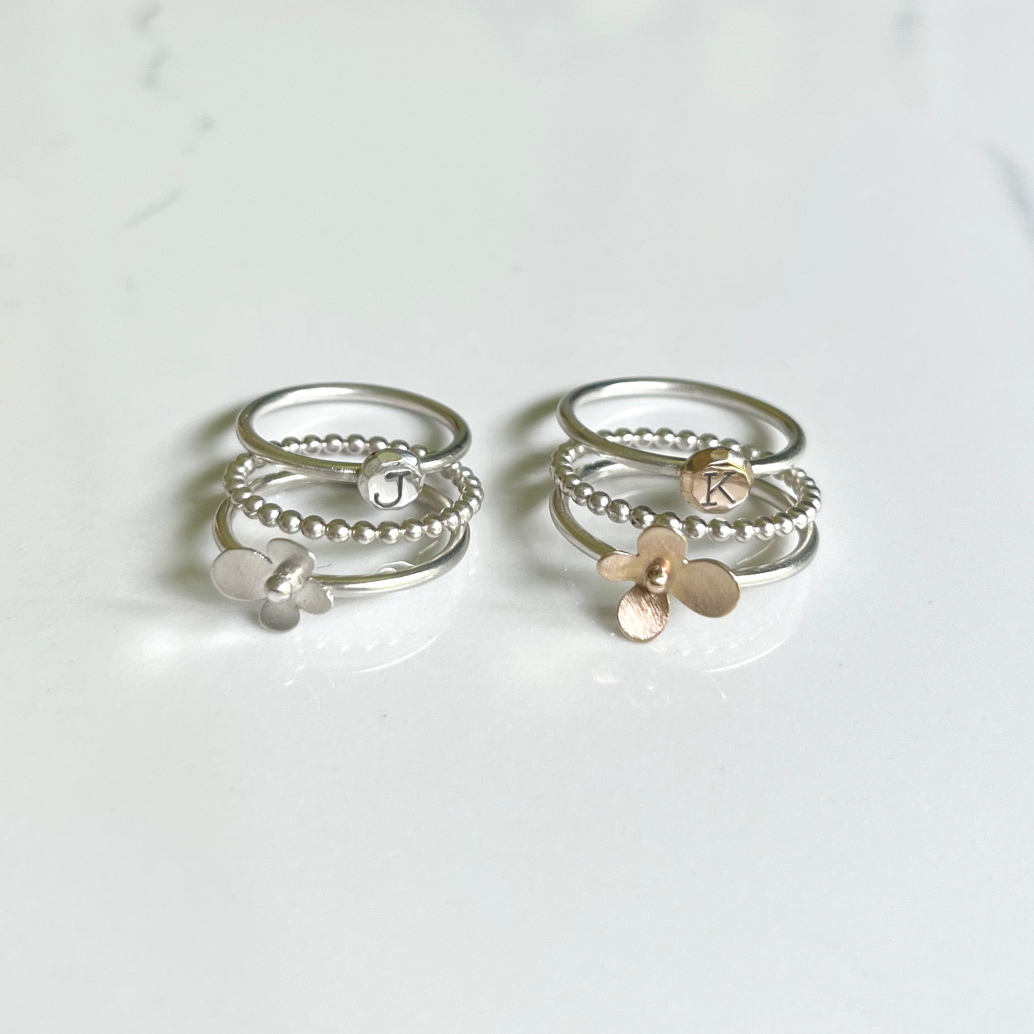 Initial/Petal Ring set of Three, Satin Sterling Silver with Highlights, Whimsical and Fun Personalized Stacking Set for Any Occasions.