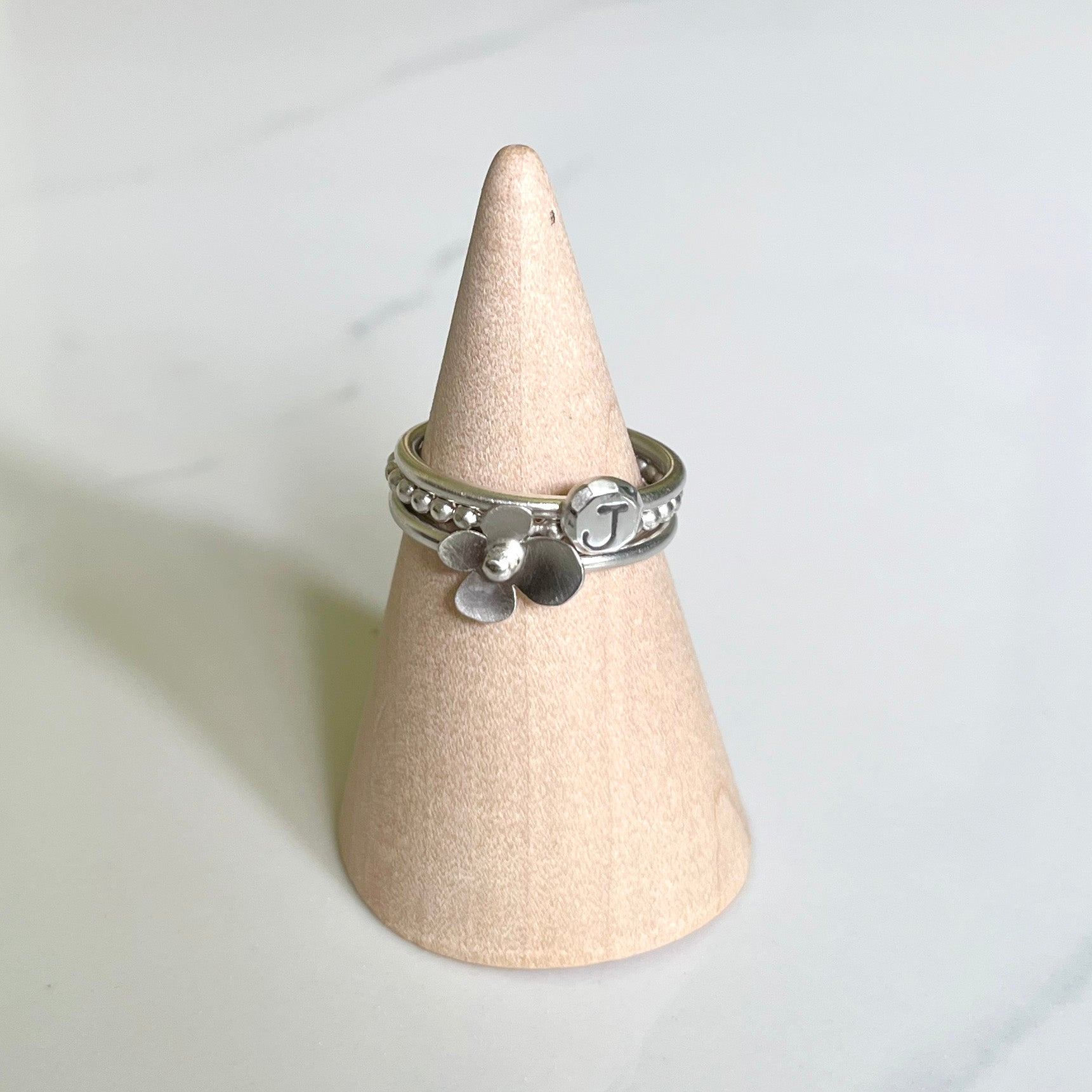 Initial/Petal Ring set of Three, Satin Sterling Silver with Highlights, Whimsical and Fun Personalized Stacking Set for Any Occasions.