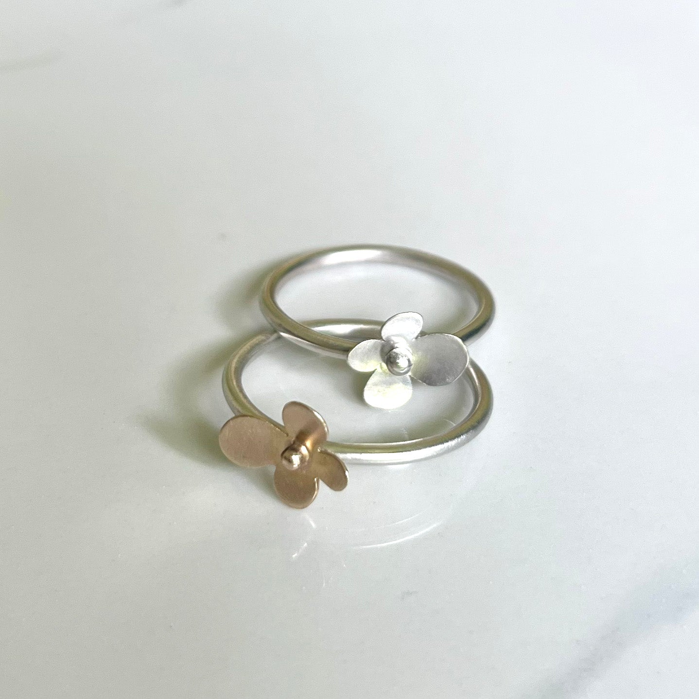 Initial/Petal Ring set of Three, Silver/Gold, Satin Sterling Silver with 14k Gold Flower and Initial Coin, for daily use.