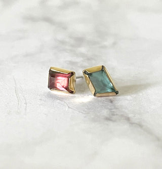 tiny rectangle tourmaline post earrings - 18k gold, silver
