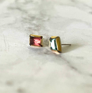 tiny rectangle tourmaline post earrings - 18k gold, silver
