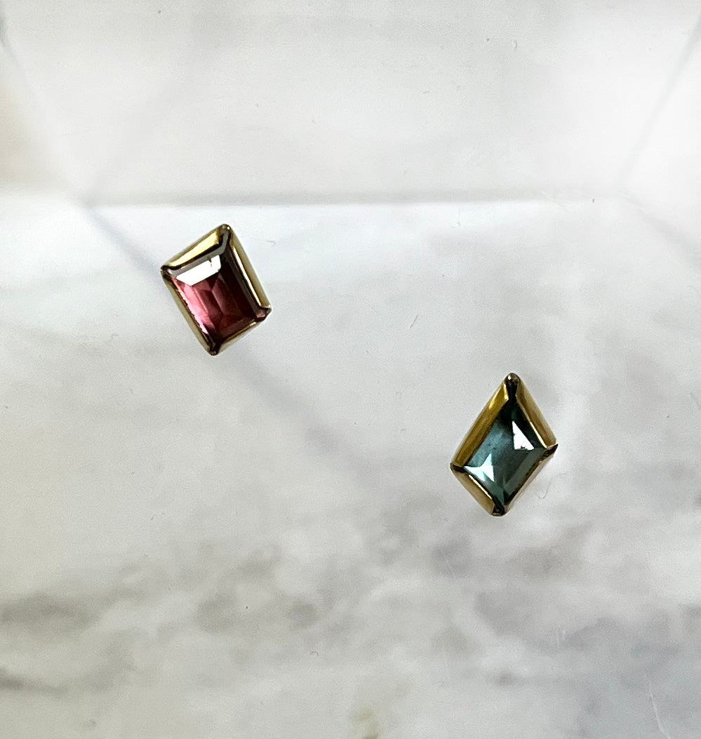 tiny rectangle tourmaline post earrings - 18k gold, silver