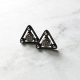 Pavé Diamond Earrings - Stud/Post - Pavé Diamond Charm is Set into Oxidized Sterling Silver Art Deco Themed Frame.