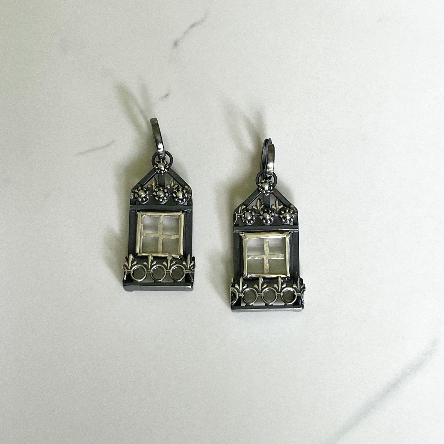 Window Earrings - One Of A Kind Oxidized Sterling Silver with Crystal Quartz Panels. A Conversation Starter!