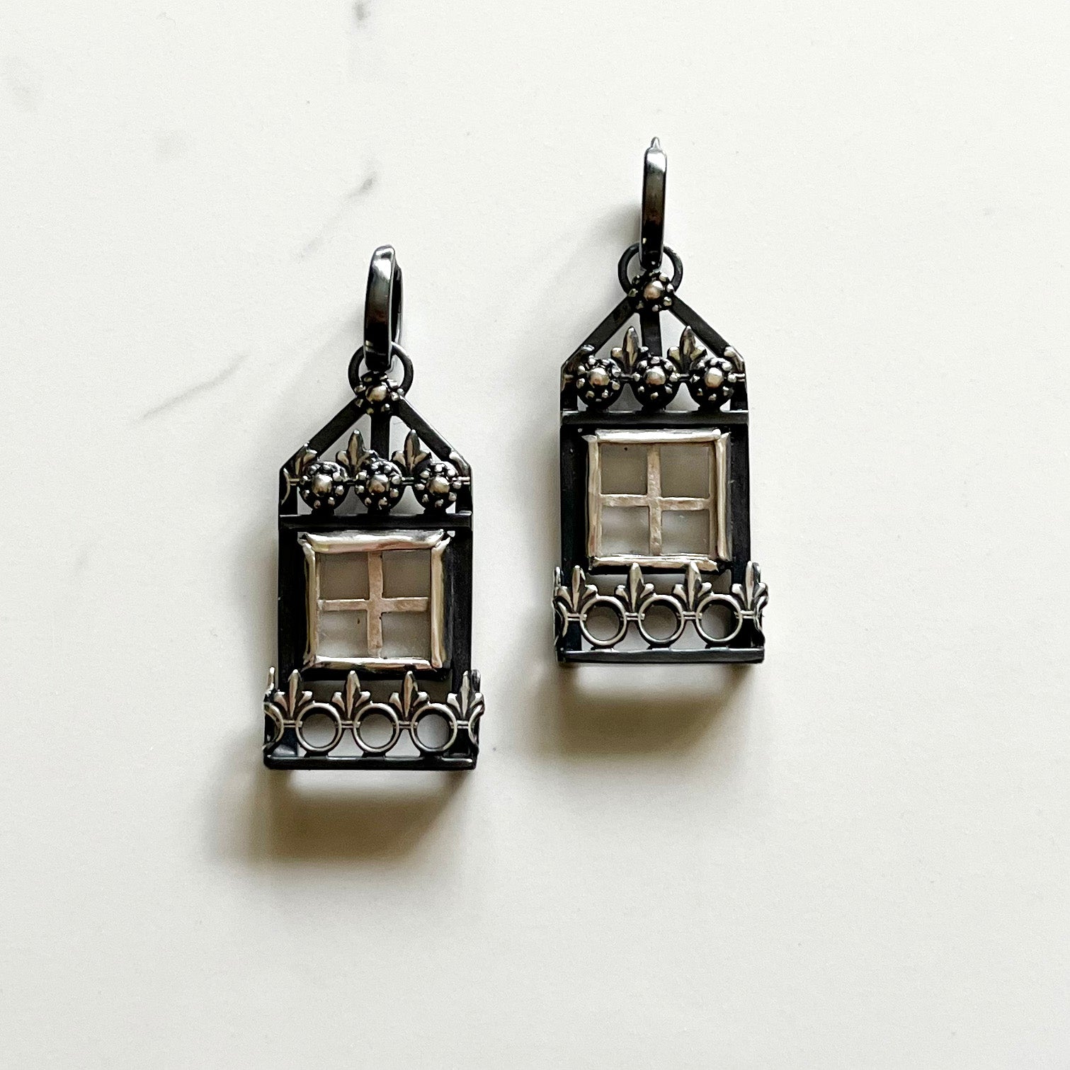 Window Earrings - One Of A Kind Oxidized Sterling Silver with Crystal Quartz Panels. A Conversation Starter!