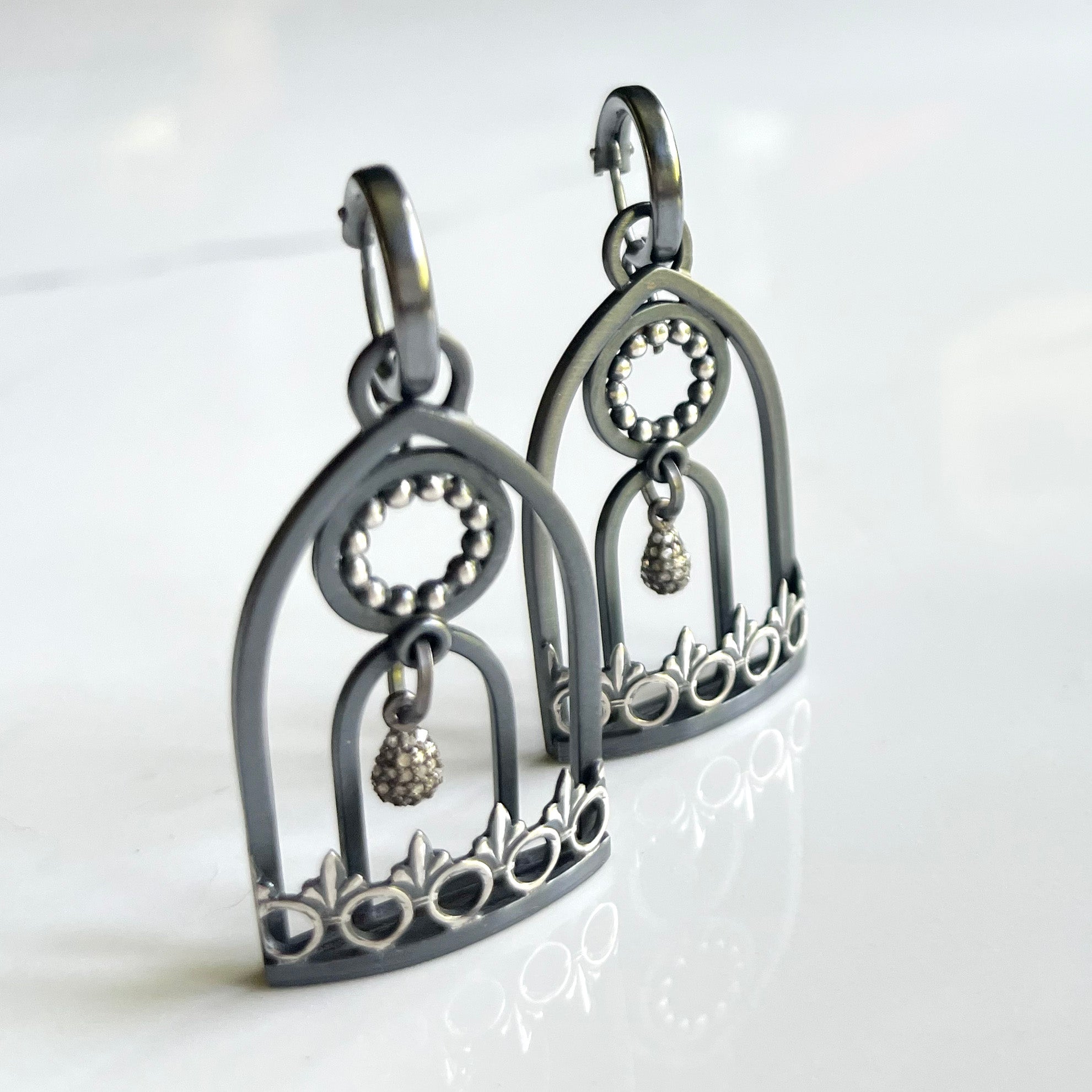 Window Earrings - One Of A Kind Oxidized Sterling Silver with Crystal Quartz Panels. A Conversation Starter!