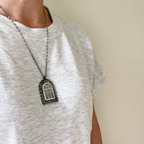 Window Pendants, Large, in Oxidized Sterling Silver with Crystal Quarts, Pencil Drawings, and Labradorite Accents on Chain, a Talisman