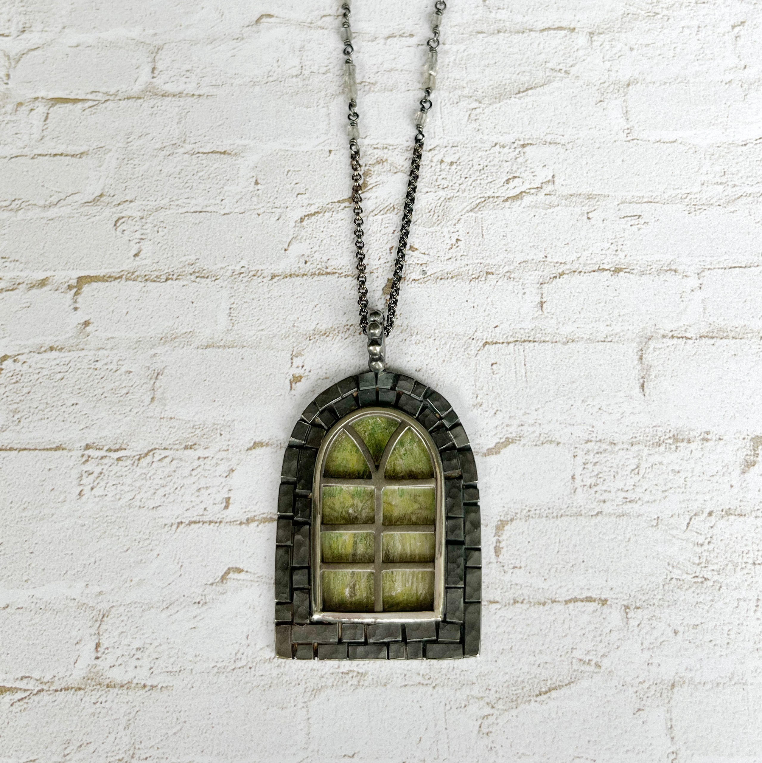 Window Pendants, Large, in Oxidized Sterling Silver with Crystal Quarts, Pencil Drawings, and Labradorite Accents on Chain, a Talisman