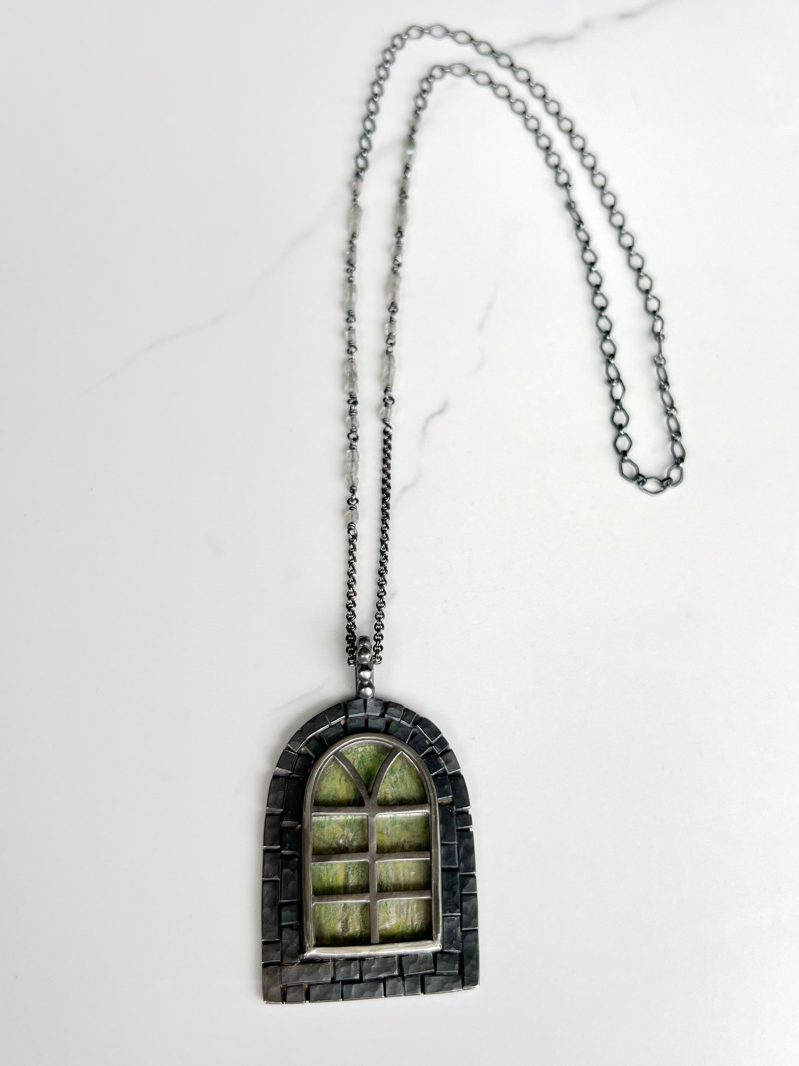 Window Pendants, Large, in Oxidized Sterling Silver with Crystal Quarts, Pencil Drawings, and Labradorite Accents on Chain, a Talisman