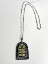 Window Pendants, Large, in Oxidized Sterling Silver with Crystal Quarts, Pencil Drawings, and Labradorite Accents on Chain, a Talisman