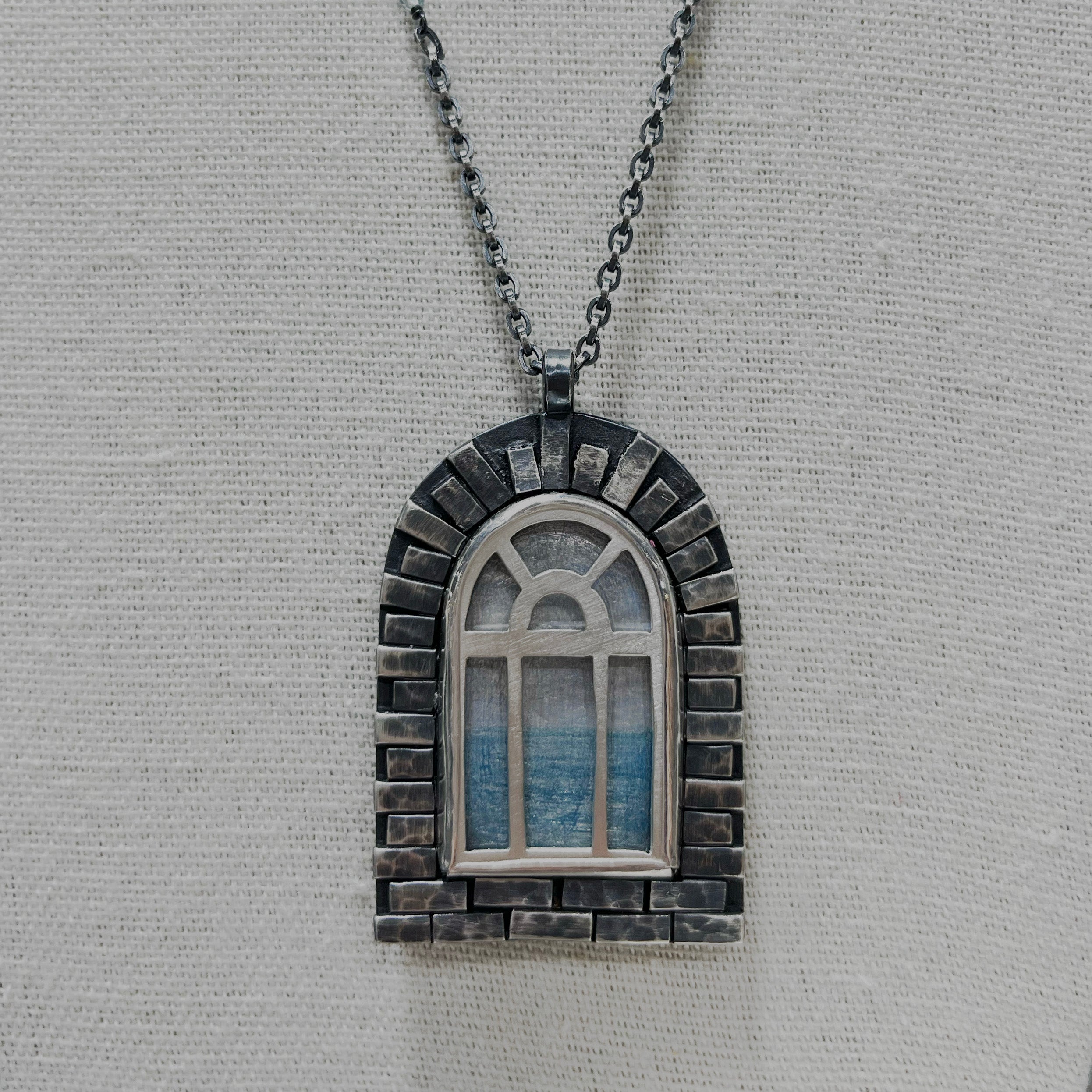 Window Pendants, Large, in Oxidized Sterling Silver with Crystal Quarts, Pencil Drawings, and Labradorite Accents on Chain, a Talisman