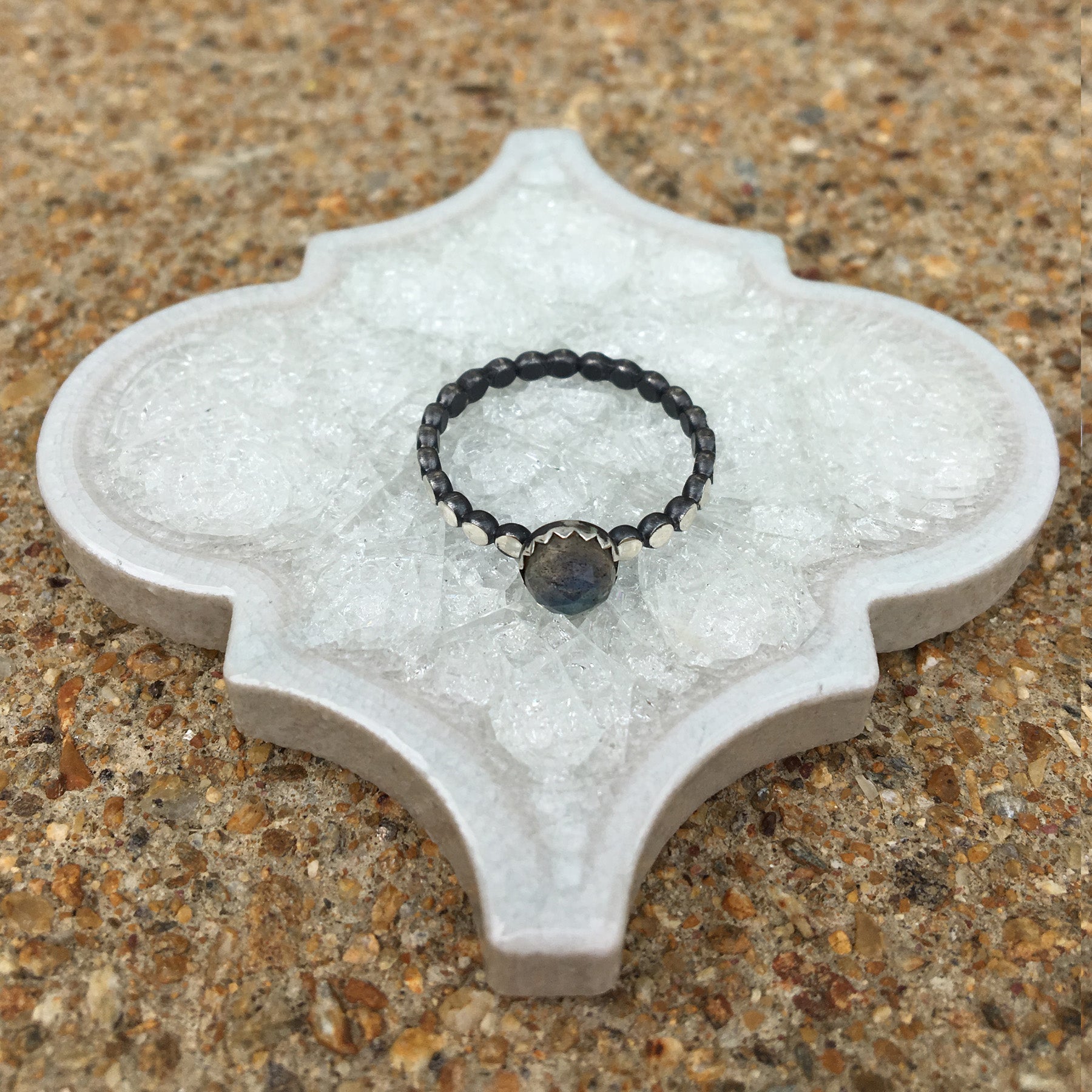 Labradorite Ring - Rose Cut 6mm Labradorite on Oxidized and Highlighted Beaded Band For Everyday.