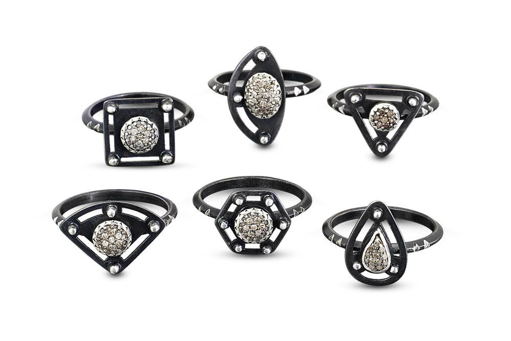 Pavé Diamond Ring, Hexagon, 6mm Pavé Diamond, Oxidized Sterling Silver Triangle Band for Everyday.