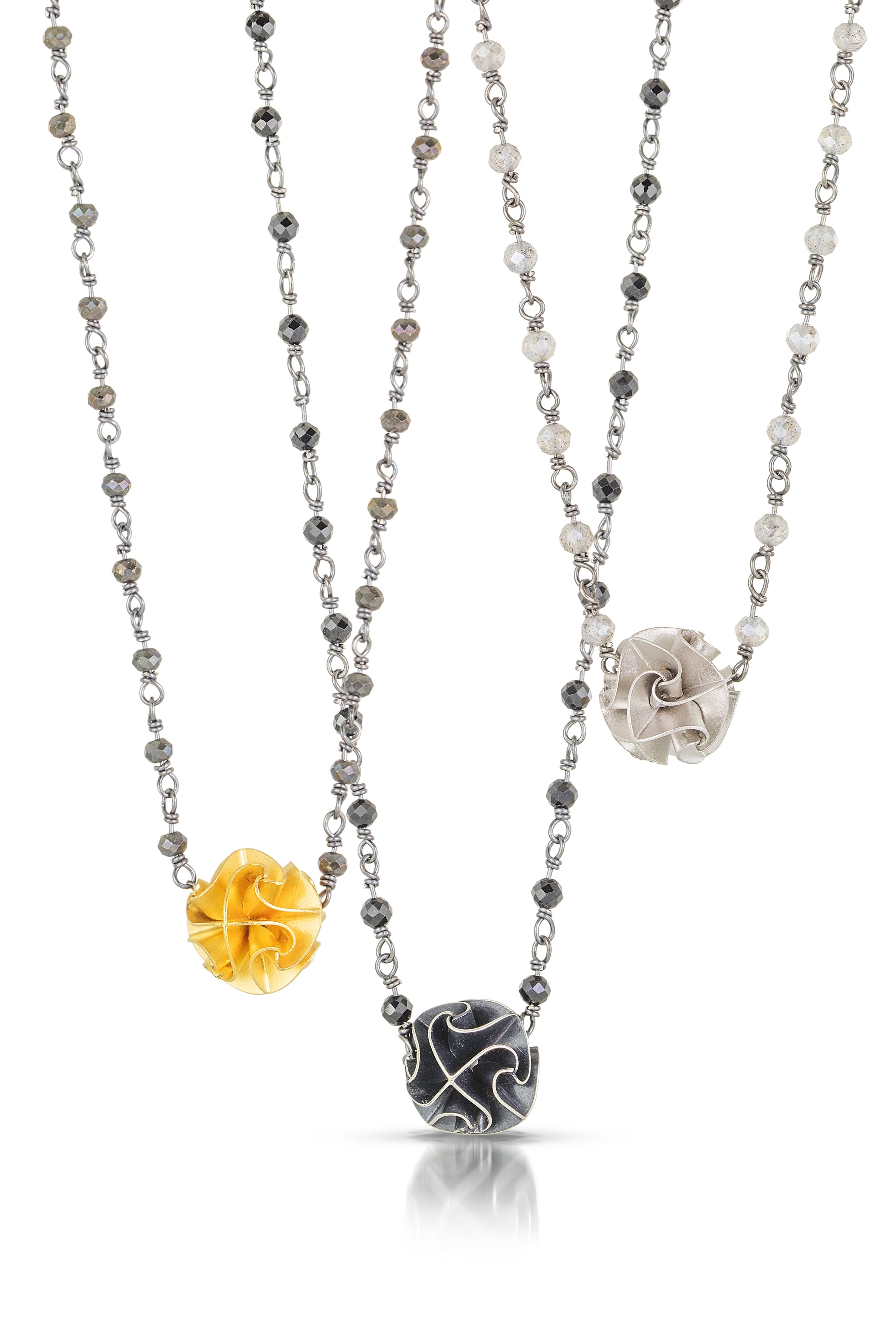 Mini Flora Necklace - Beaded - Continuous Faceted Gemstone Bead Necklace with Flora Bead, in 4 colors.