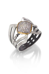 Square Pavé Diamond is set into 14k gold bezel on top of Art Deco theme designed cut out ring in sterling silver.