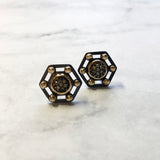 Pavé Diamond Earrings - Stud, Silver/14k Gold - Pavé Diamond Charms are Set into 14K Gold Bezel and Framed with Oxidized Sterling Silver with 14K Gold Accents.