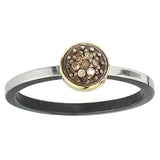 6mm Pavé diamond set into 14k gold bezel, on straight sterling silver band with notch accent, for everyday.