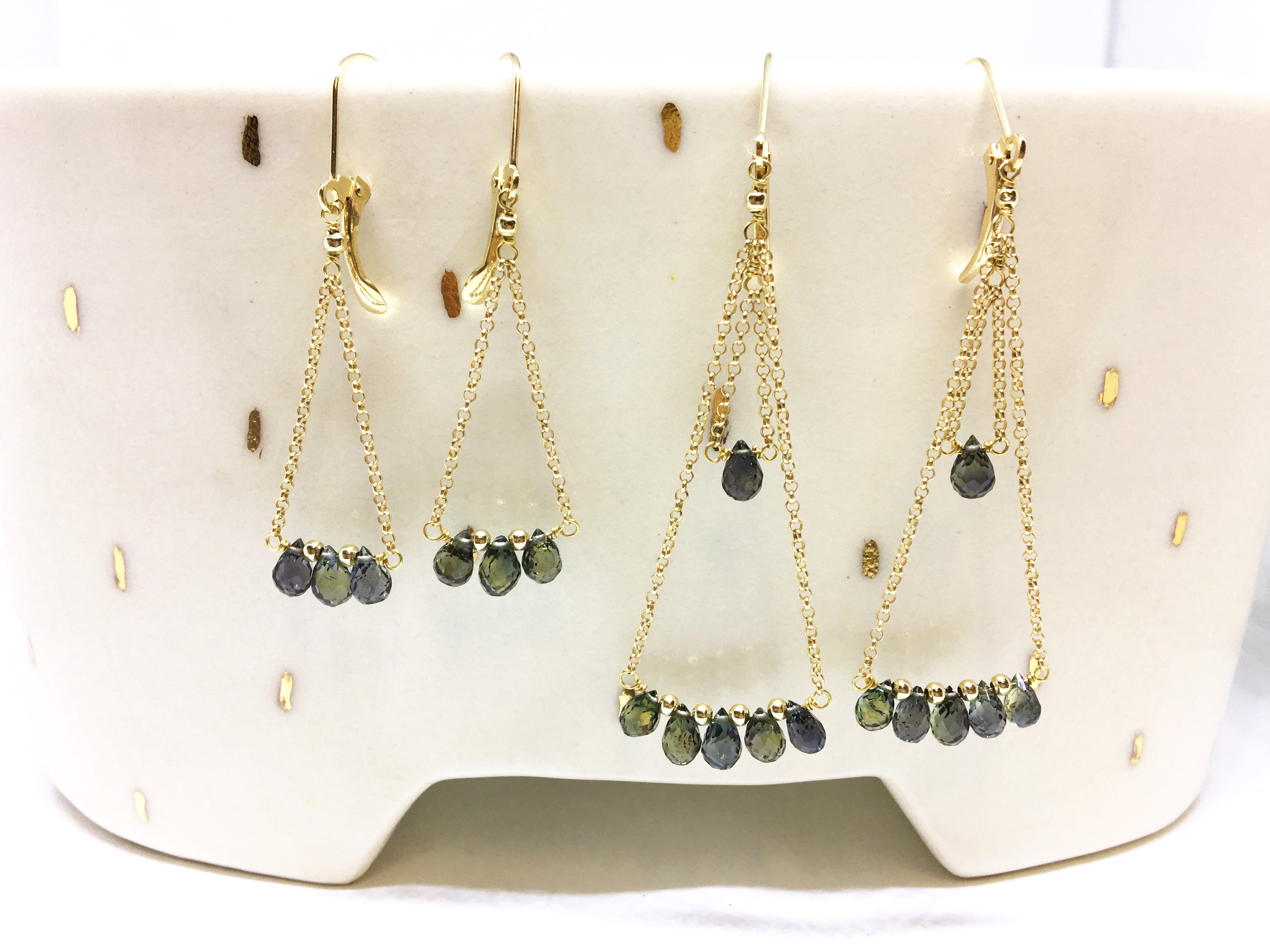 chain earrings - green sapphire briolettes with 14k yellow gold chain and lever backs
