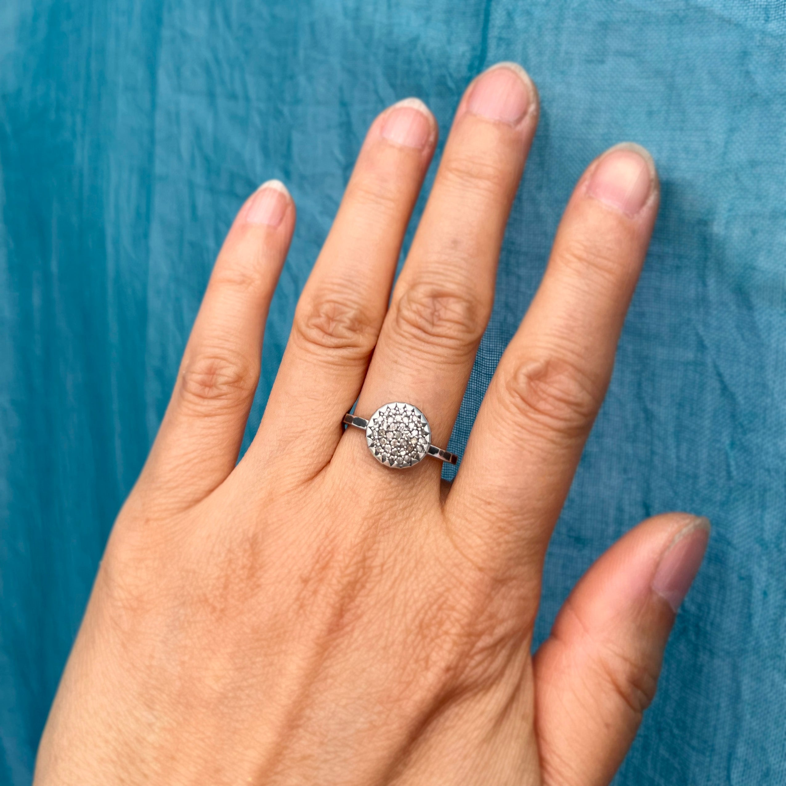 Pavé Diamond Ring, 10mm Pavé Diamond, Hammered Oxidized Sterling Silver Band for Everyday.